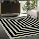 Square Striped Polypropylene Black-White Area Rug Image - 1