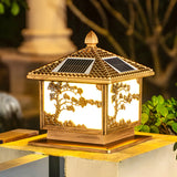 Square Vintage Carved Metal Solar Outdoor Post Lamp Image - 1