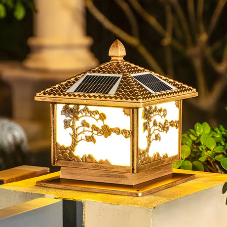 Square Vintage Carved Metal Solar Outdoor Post Lamp Image - 1