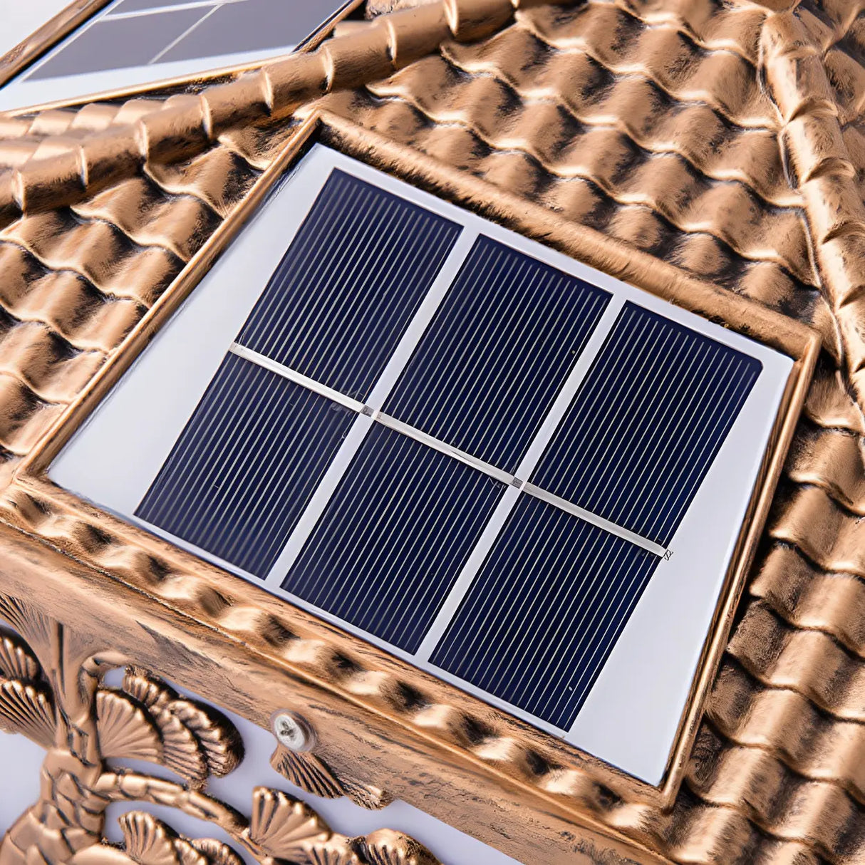 Square Vintage Carved Metal Solar Outdoor Post Lamp Image - 12