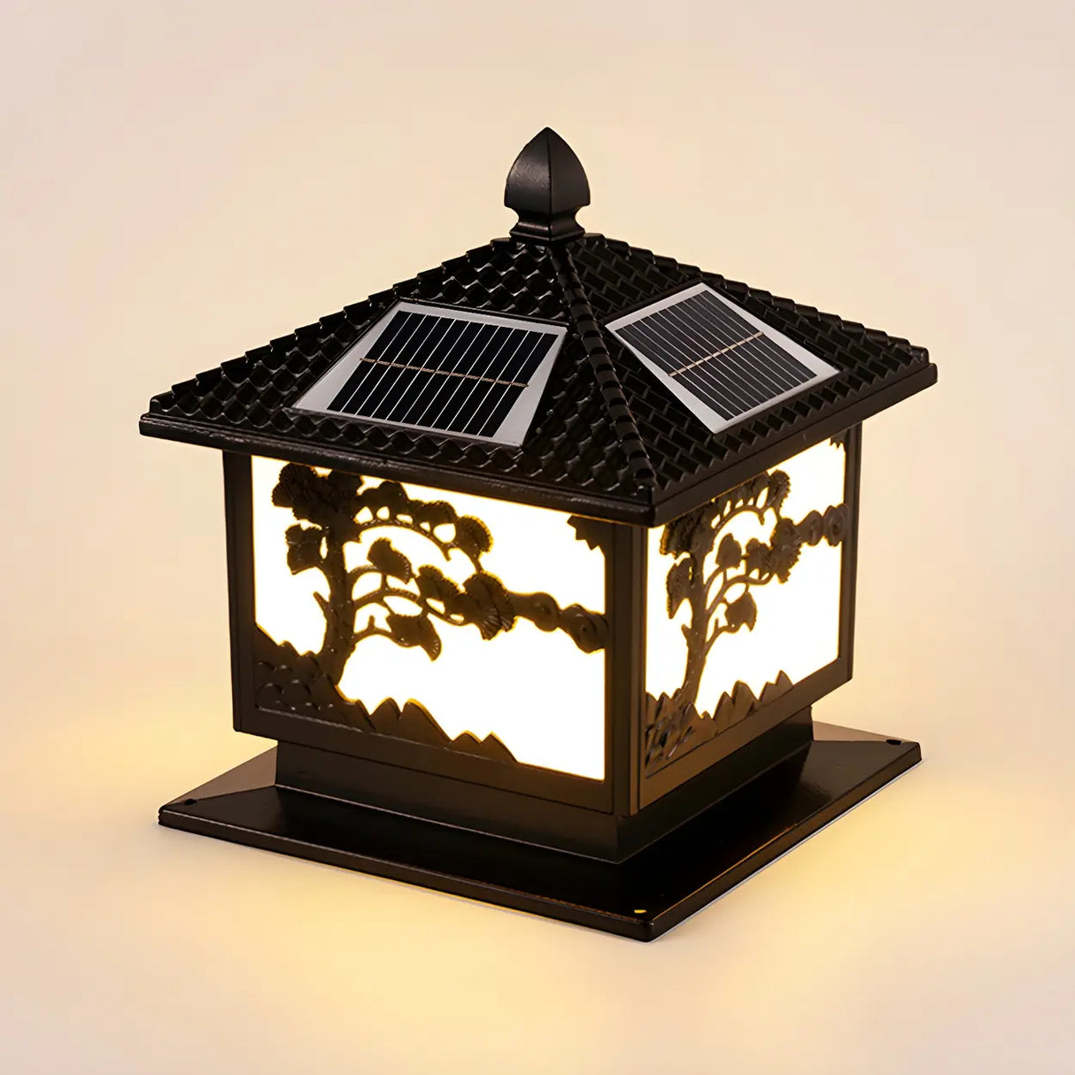 Square Vintage Carved Metal Solar Outdoor Post Lamp Image - 2