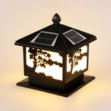Square Vintage Carved Metal Solar Outdoor Post Lamp Image - 2