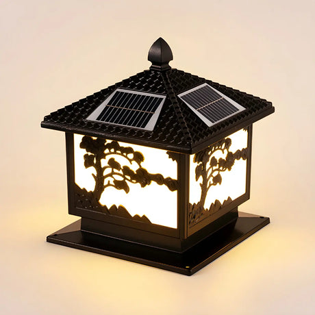 Square Vintage Carved Metal Solar Outdoor Post Lamp Image - 2