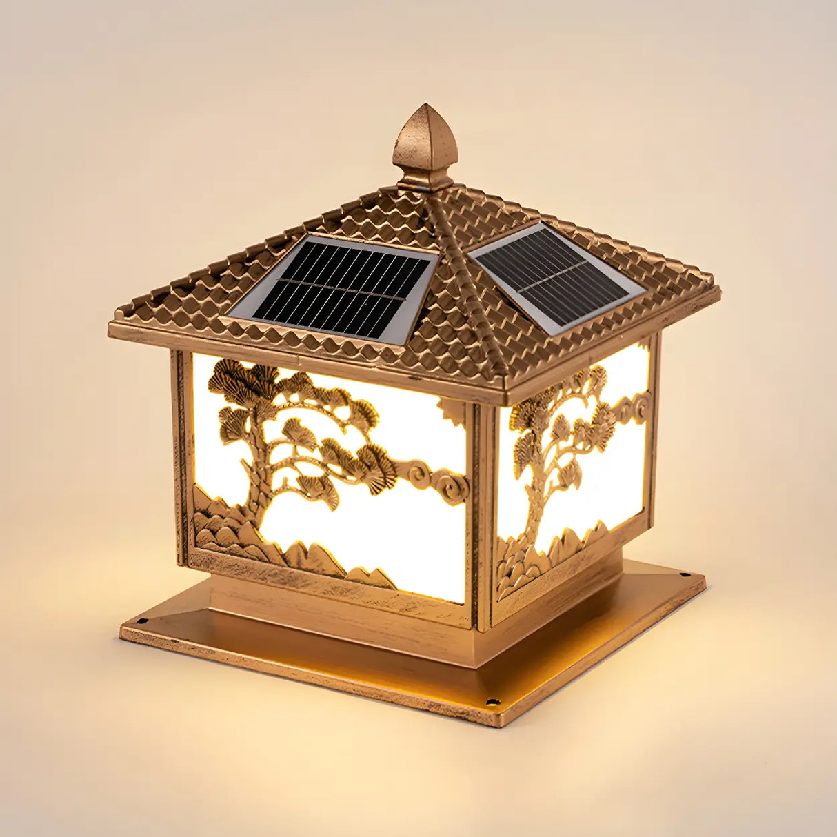 Square Vintage Carved Metal Solar Outdoor Post Lamp Image - 3