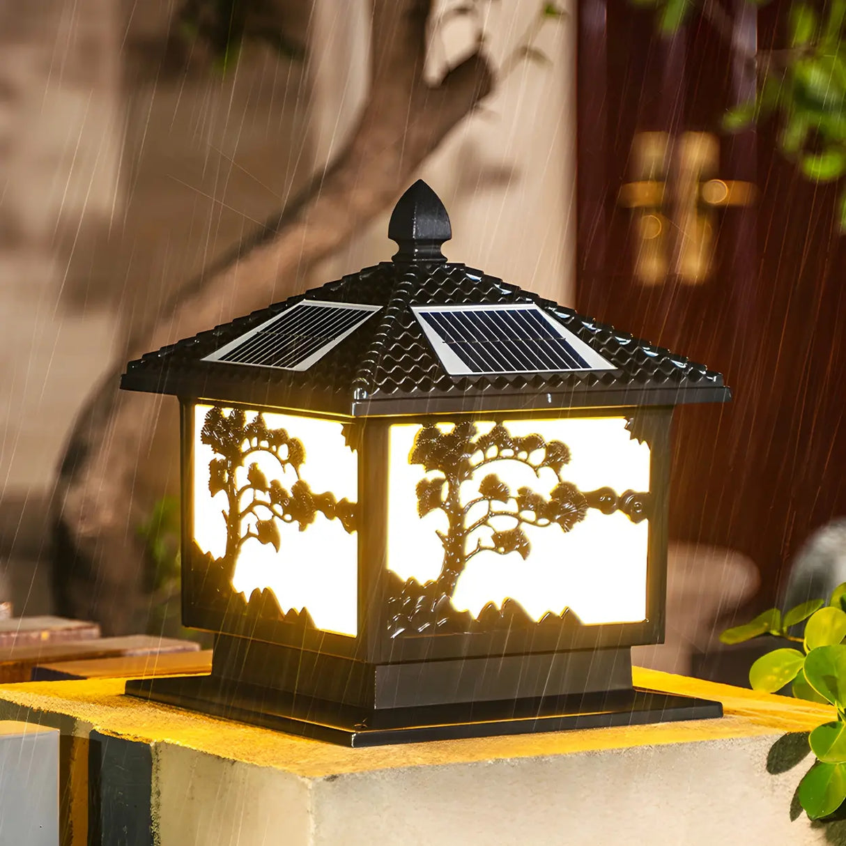 Square Vintage Carved Metal Solar Outdoor Post Lamp Image - 4