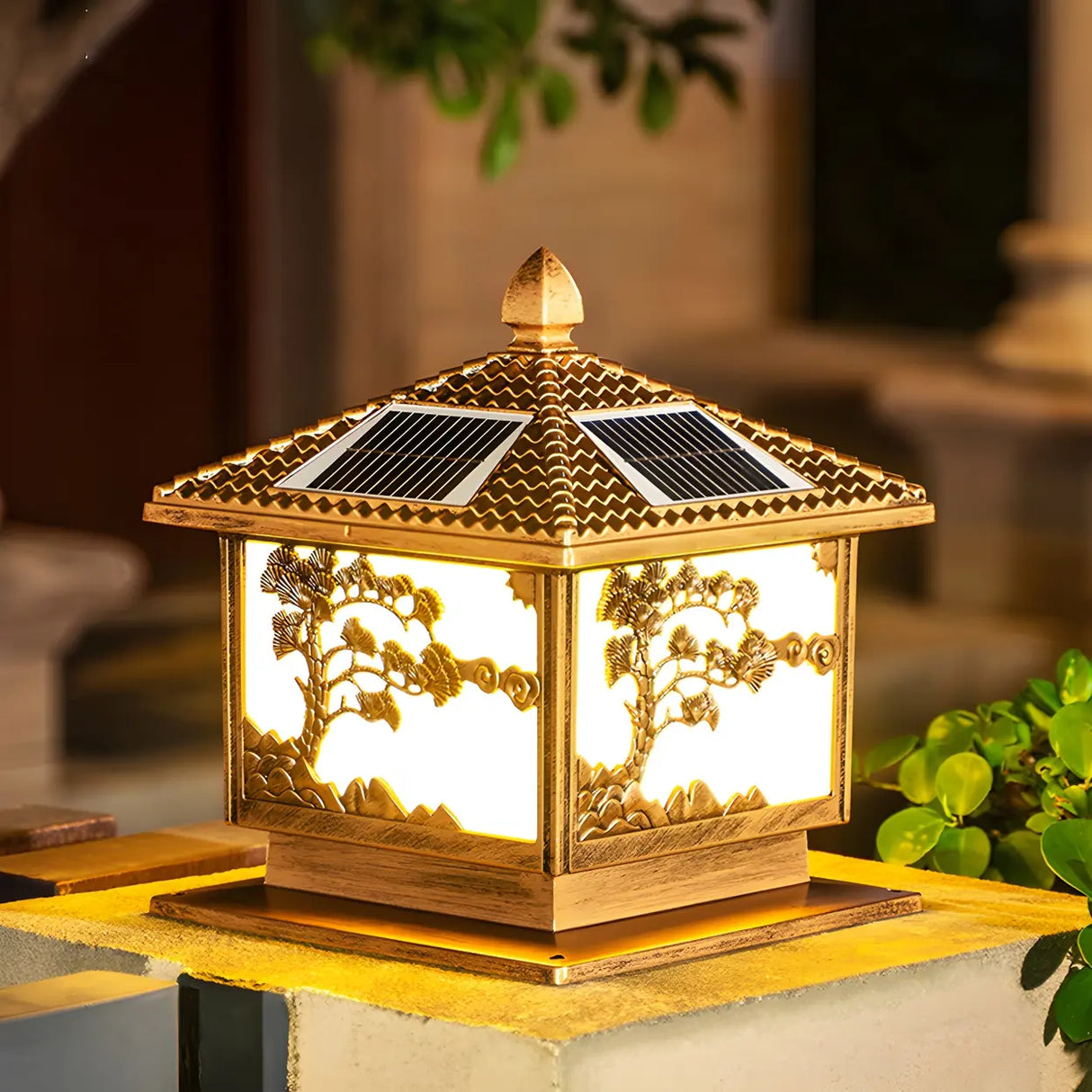 Square Vintage Carved Metal Solar Outdoor Post Lamp Image - 5