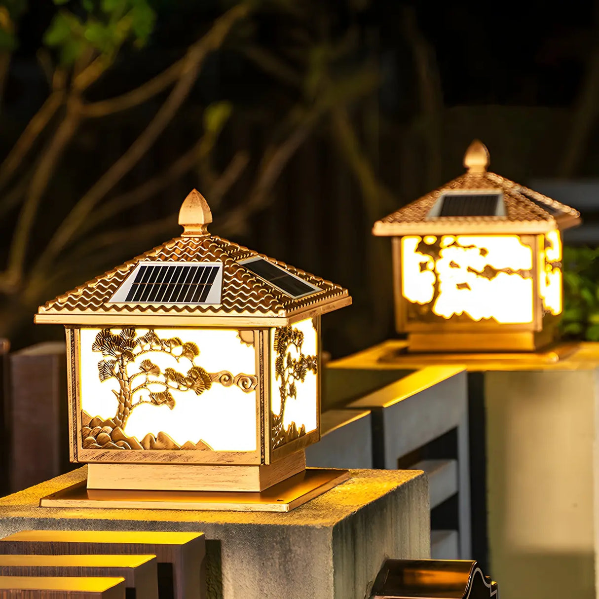 Square Vintage Carved Metal Solar Outdoor Post Lamp Image - 6