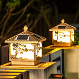 Square Vintage Carved Metal Solar Outdoor Post Lamp Image - 6