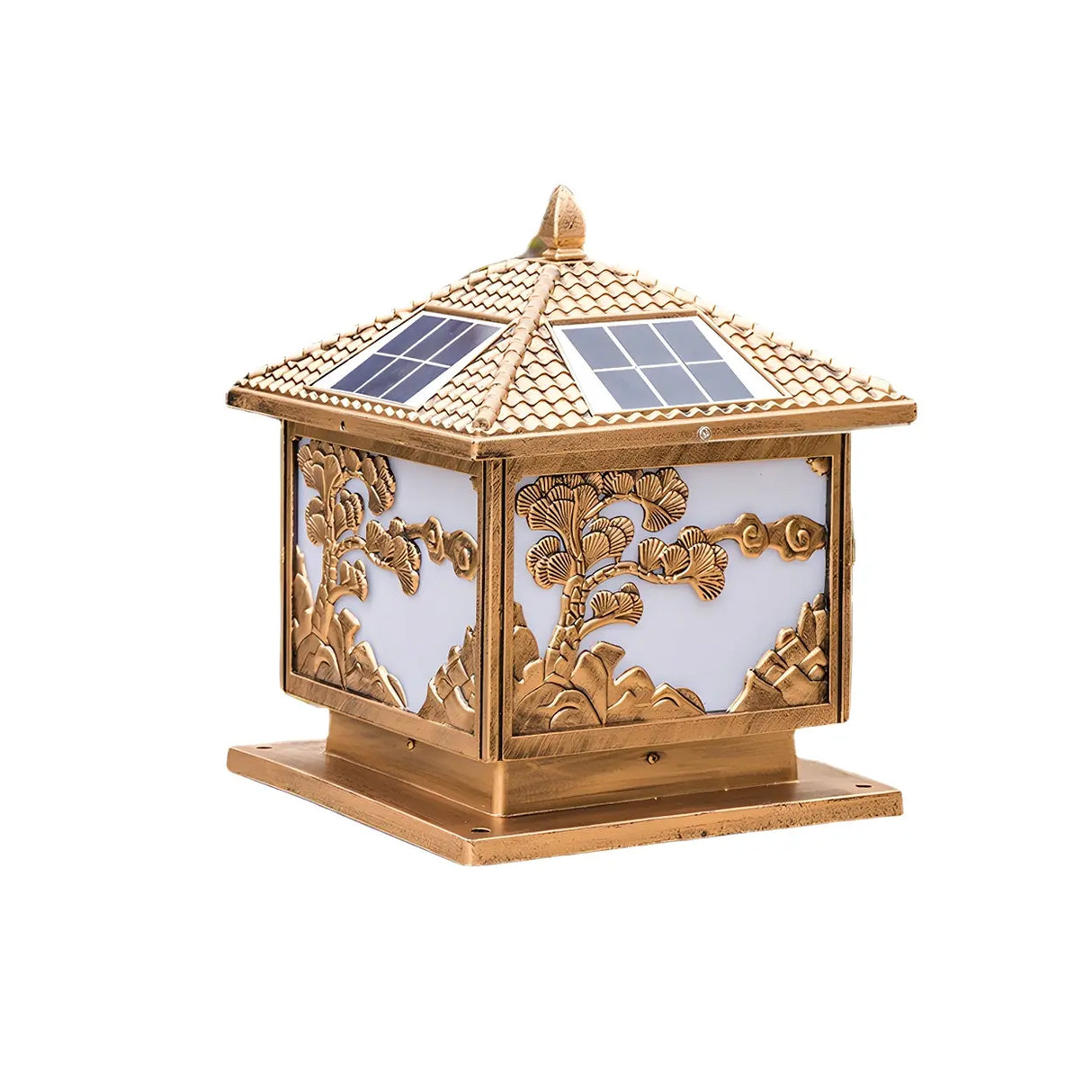 Square Vintage Carved Metal Solar Outdoor Post Lamp Image - 7