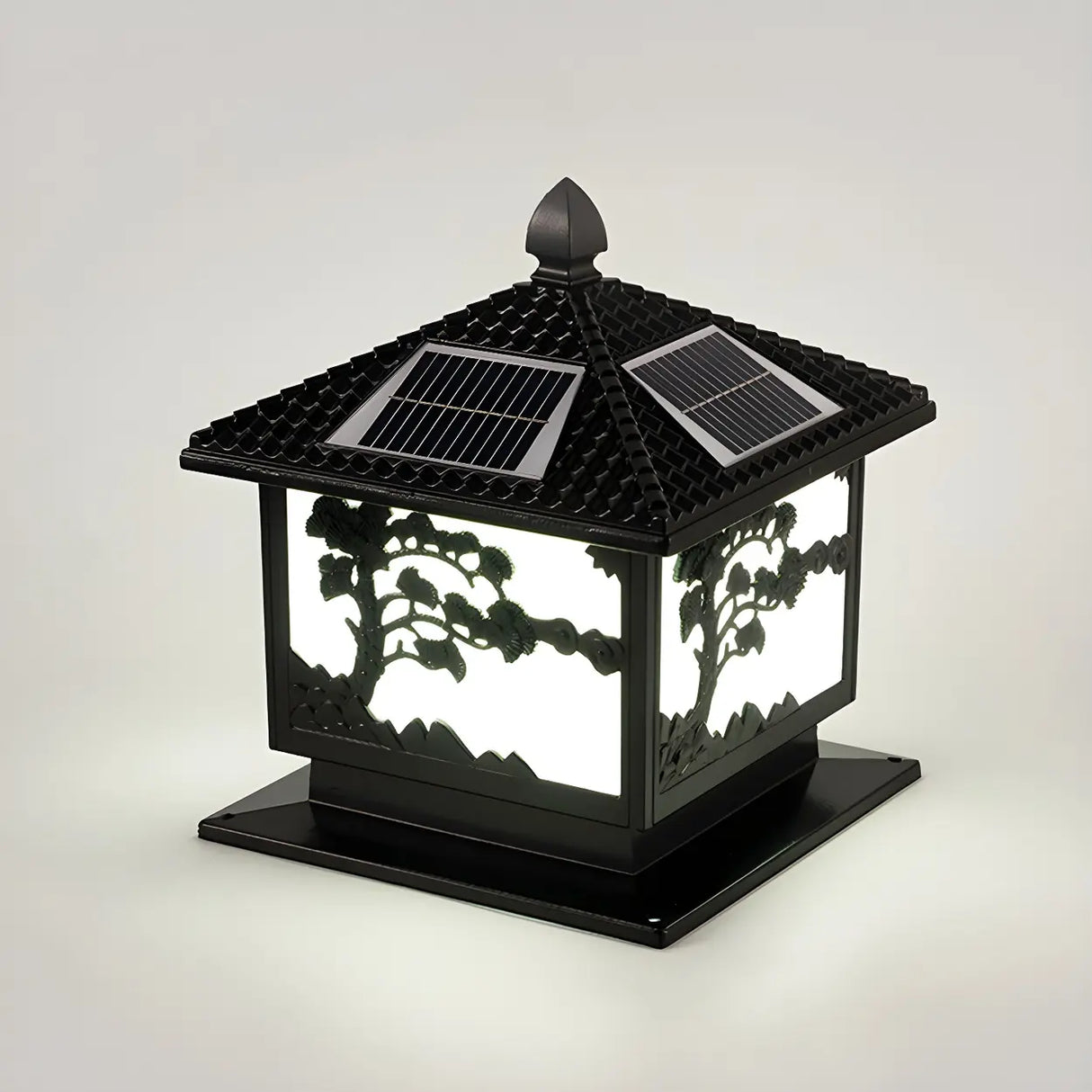 Square Vintage Carved Metal Solar Outdoor Post Lamp Image - 8