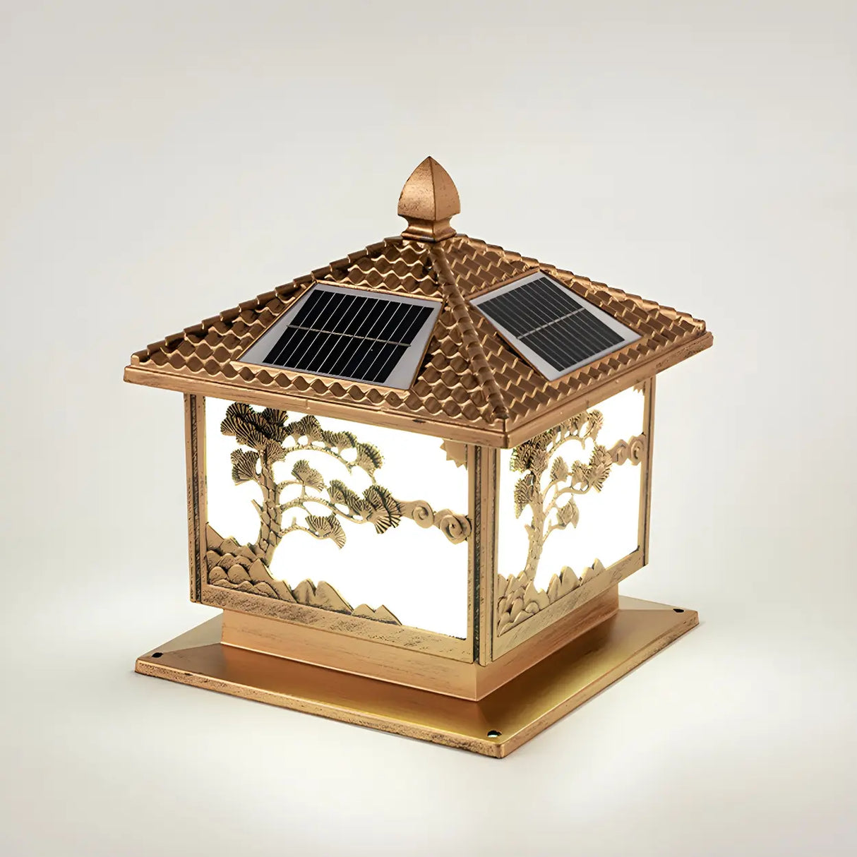 Square Vintage Carved Metal Solar Outdoor Post Lamp Image - 9