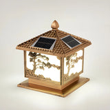 Square Vintage Carved Metal Solar Outdoor Post Lamp Image - 9