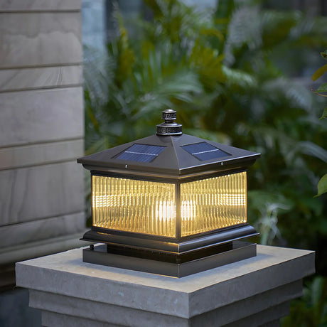 Square Vintage Glass Solar Metal Outdoor Post Lamp Image - 1