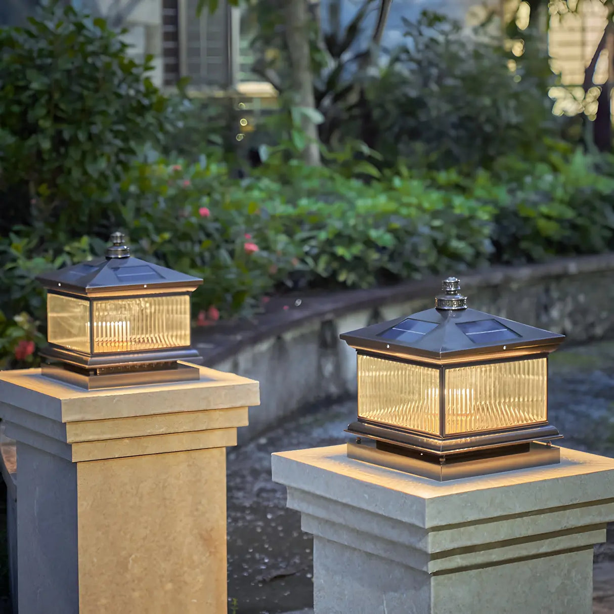 Square Vintage Glass Solar Metal Outdoor Post Lamp Image - 12