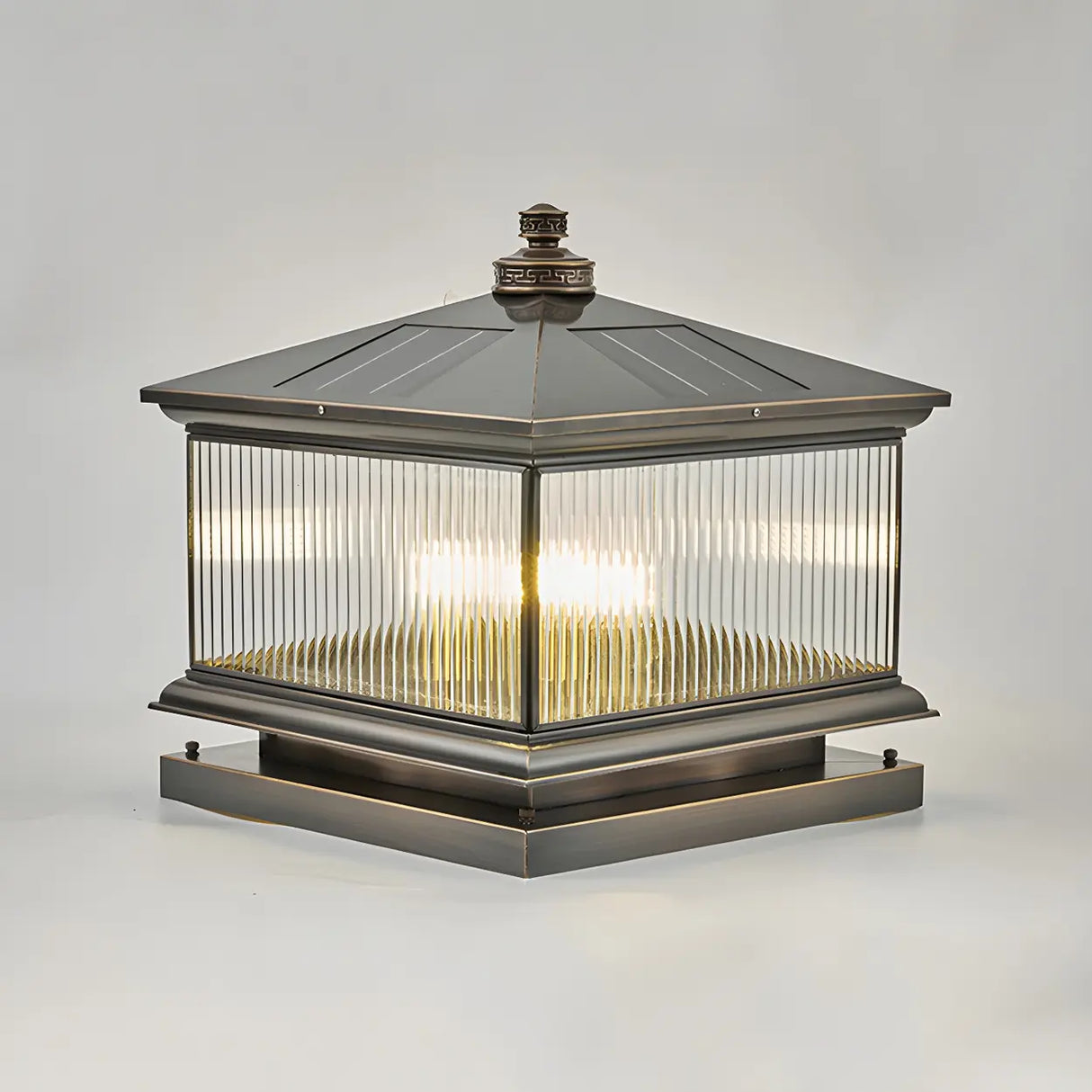 Square Vintage Glass Solar Metal Outdoor Post Lamp Image - 3