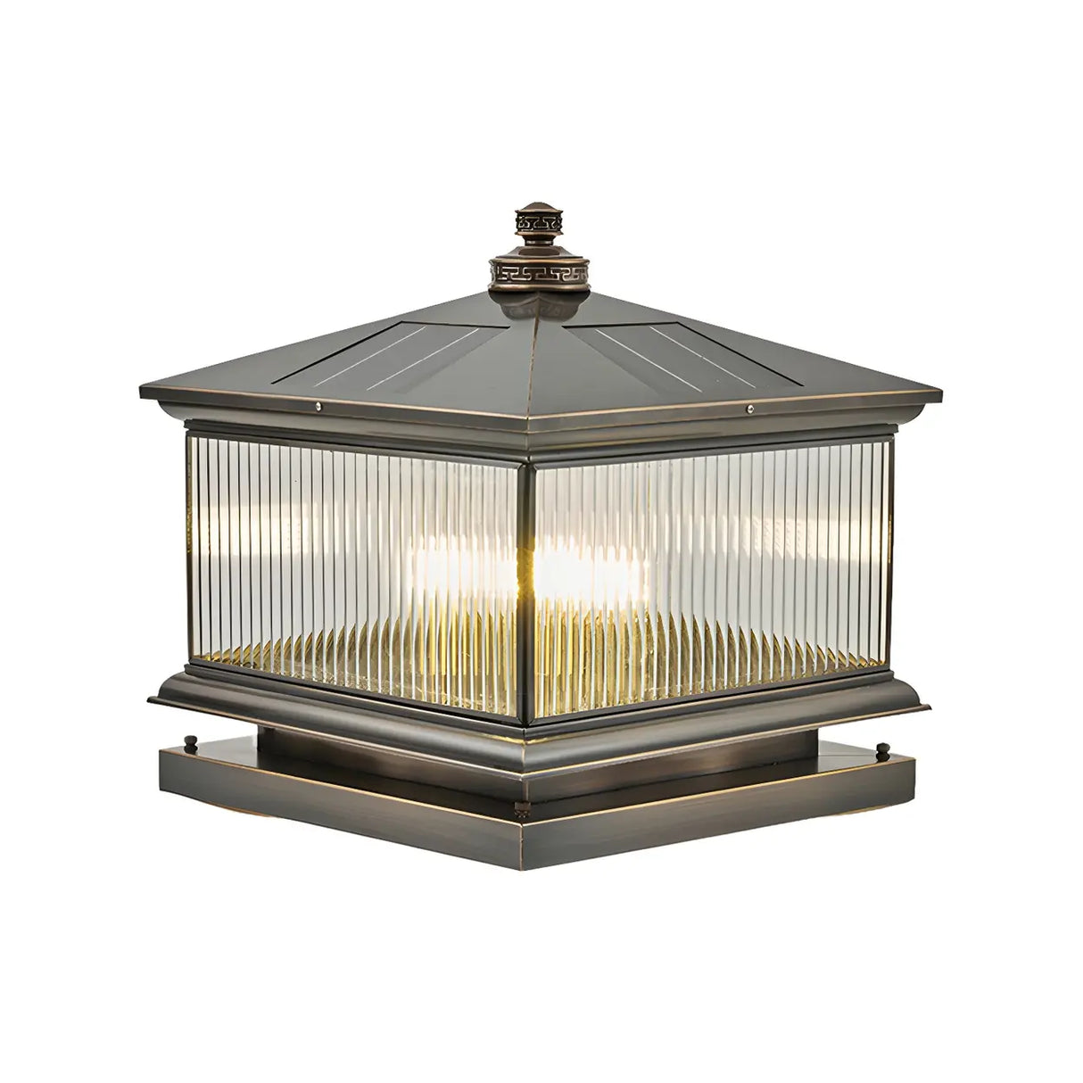 Square Vintage Glass Solar Metal Outdoor Post Lamp Image - 7