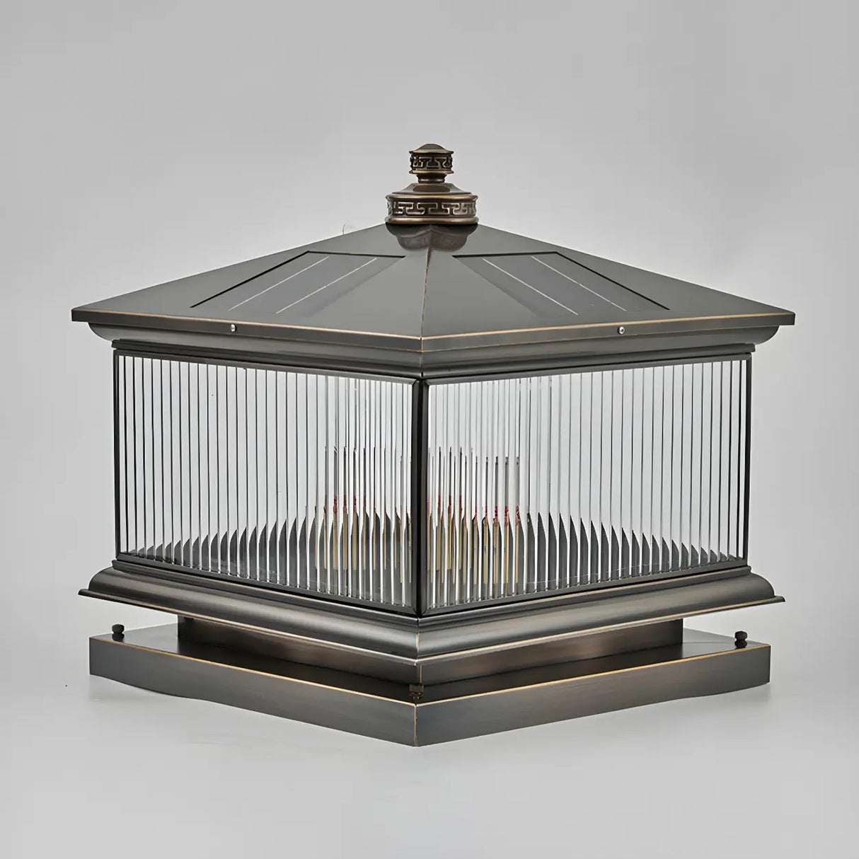 Square Vintage Glass Solar Metal Outdoor Post Lamp Image - 8