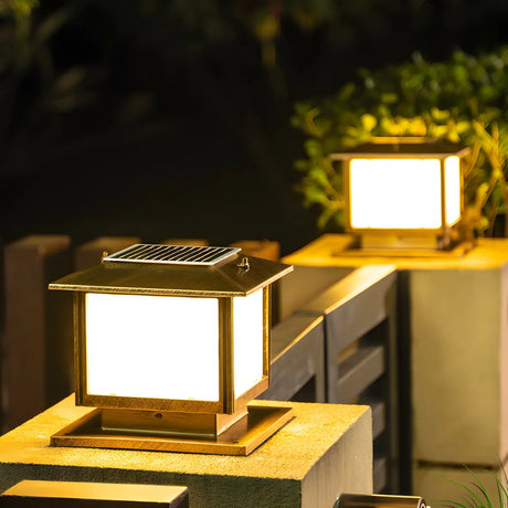 Square Vintage Metal Outdoor Solar Lantern Post Light Image - 1