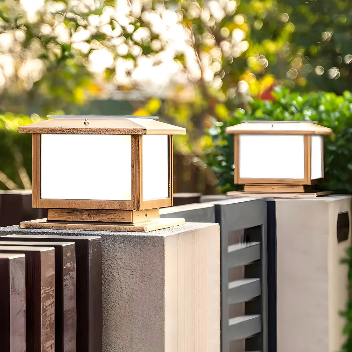 Square Vintage Metal Outdoor Solar Lantern Post Light Image - 11