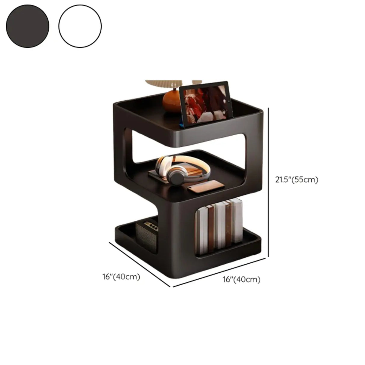 Square White Tray Top Storage End Table with Shelves 