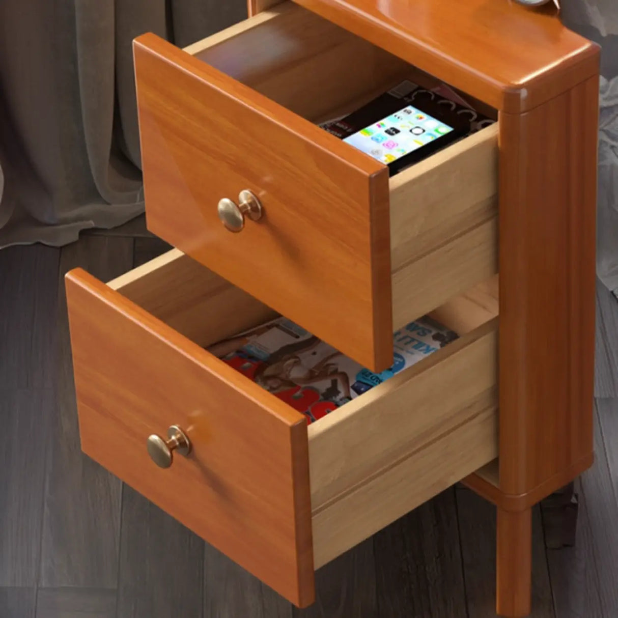 Square Wood Natural 2-Drawer Nightstand with Legs Image - 11