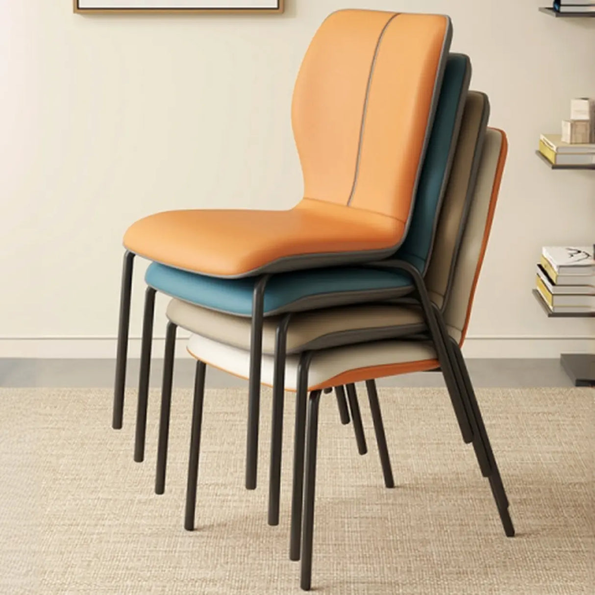 Stackable PU Leather Solid Back Dining Chair with Metal Legs Image - 4