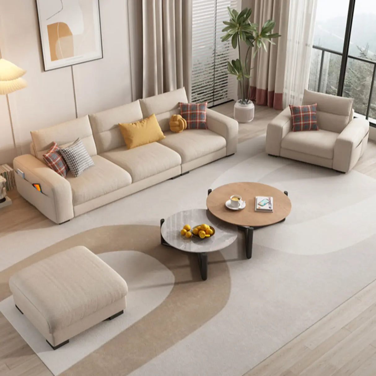 Stain Resistant Cream L-Shape Fabric Sofa with Storage Image - 4
