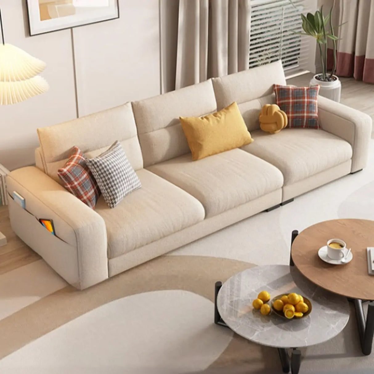 Stain Resistant Cream L-Shape Fabric Sofa with Storage Image - 8