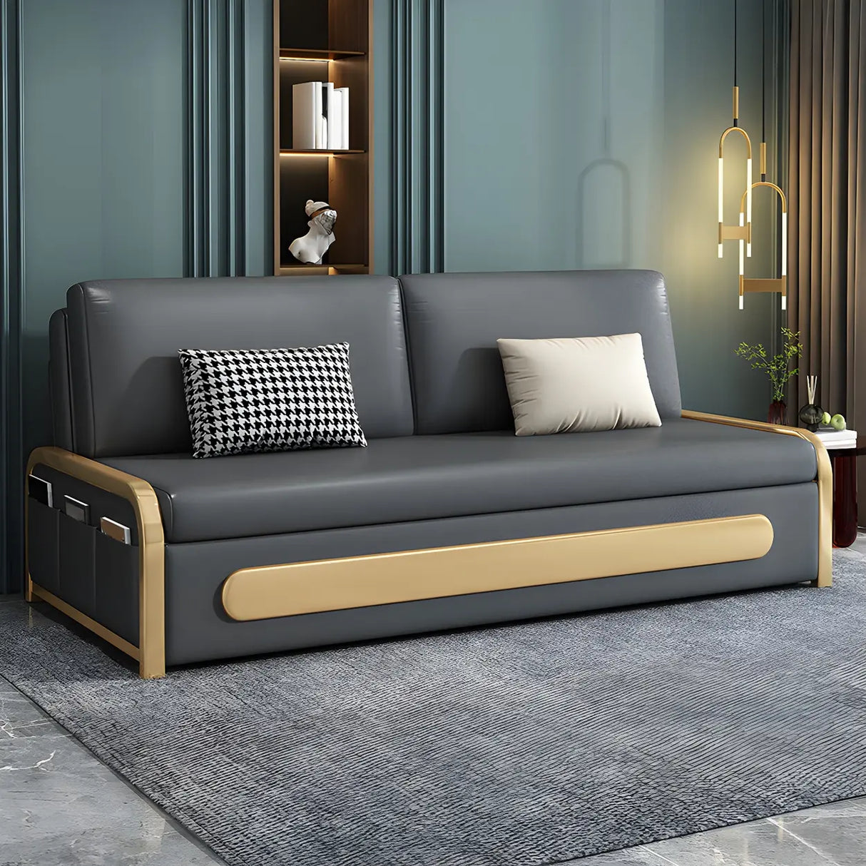 Stain Resistant Faux Leather Pillow Back Sofa Bed Image - 1