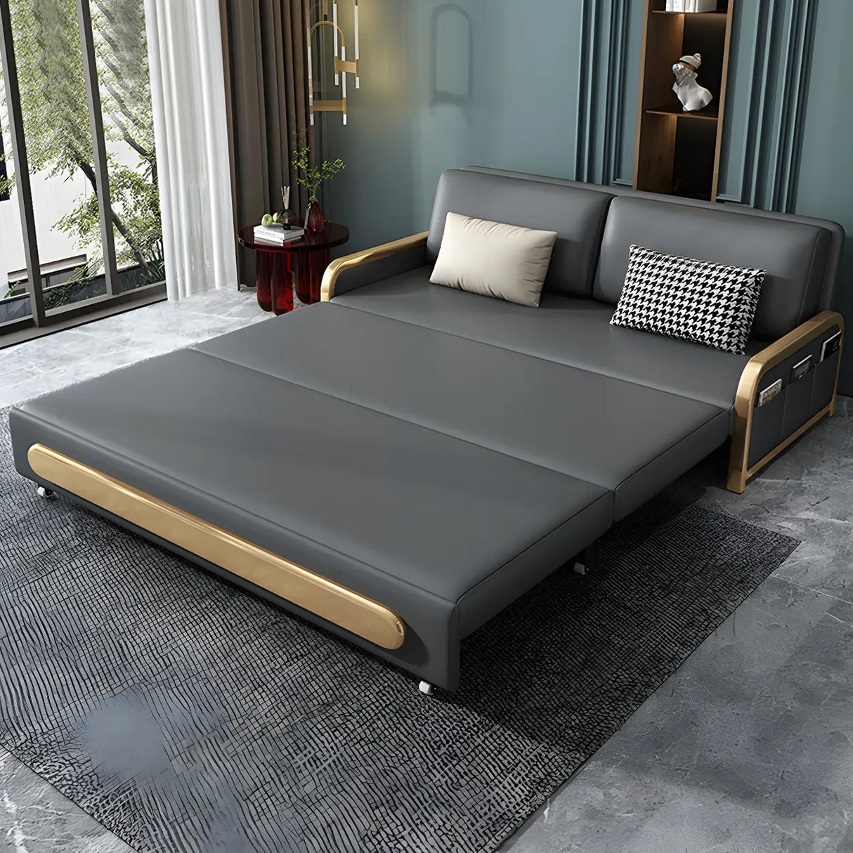 Stain Resistant Faux Leather Pillow Back Sofa Bed Image - 3