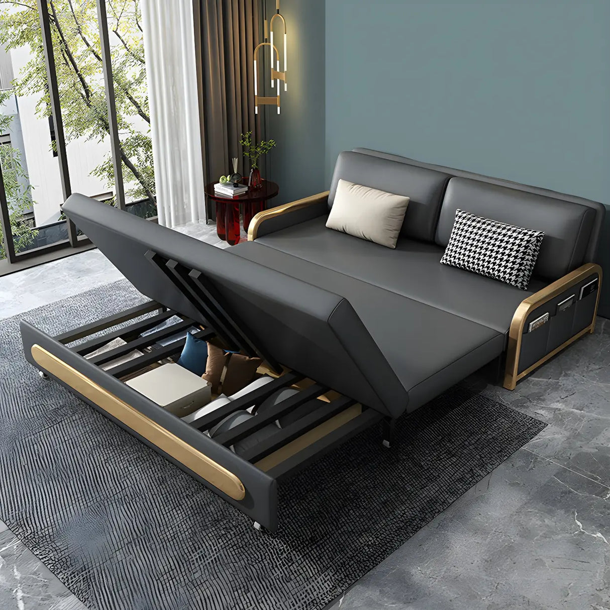 Stain Resistant Faux Leather Pillow Back Sofa Bed Image - 4