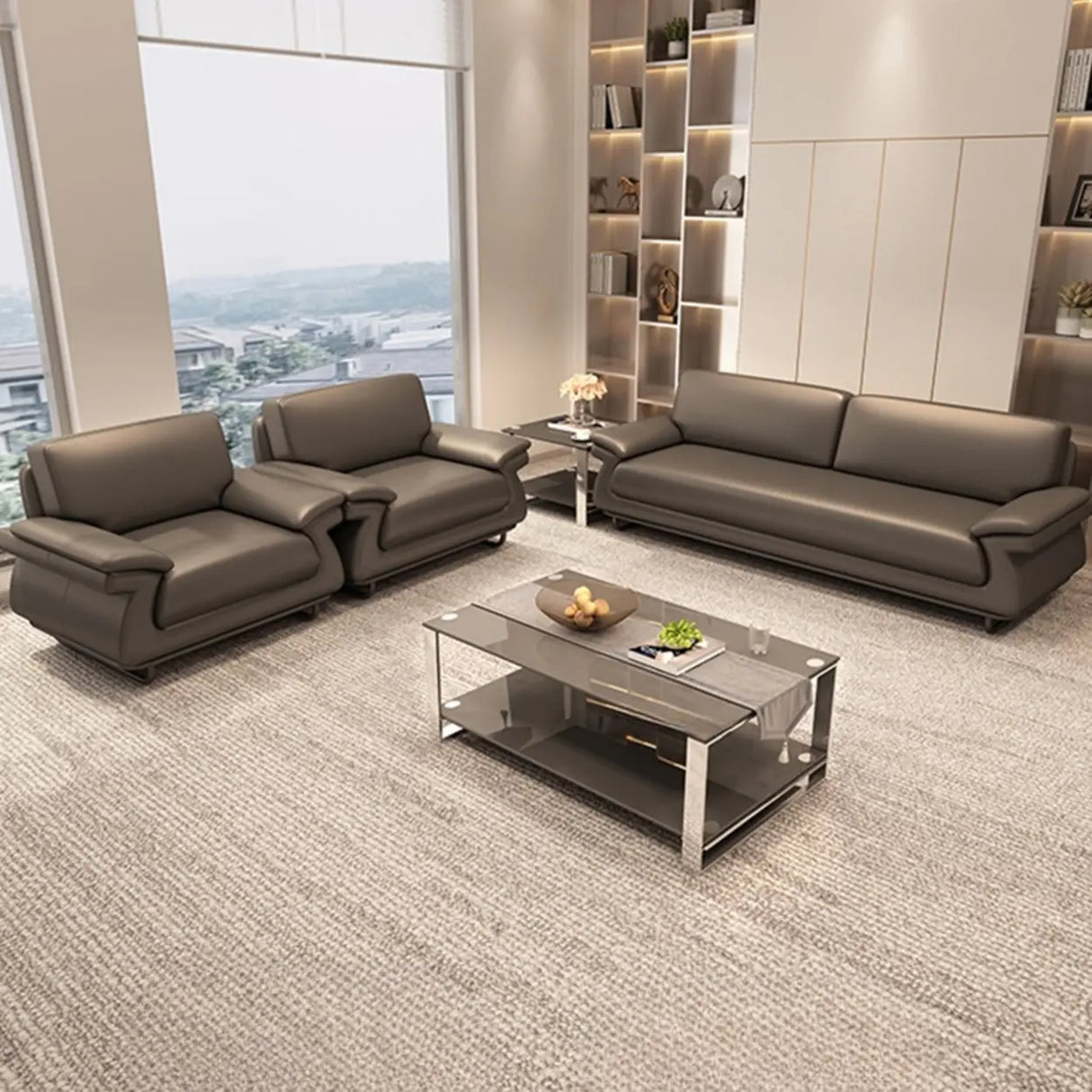 Stain Resistant Faux Leather Reception Sofa with Legs Image - 15