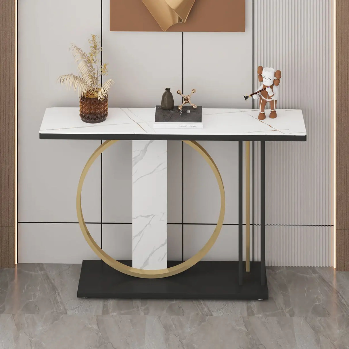 Stain Resistant Marble Geometric Gold Accents Console Table Image - 1