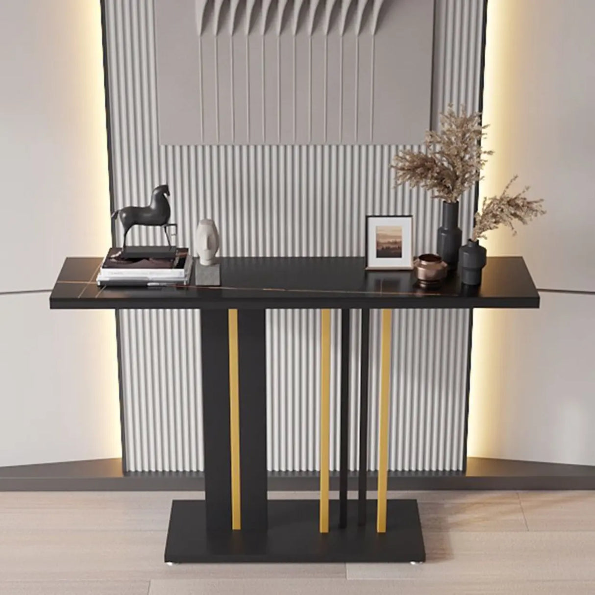 Stain Resistant Marble Geometric Gold Accents Console Table Image - 3
