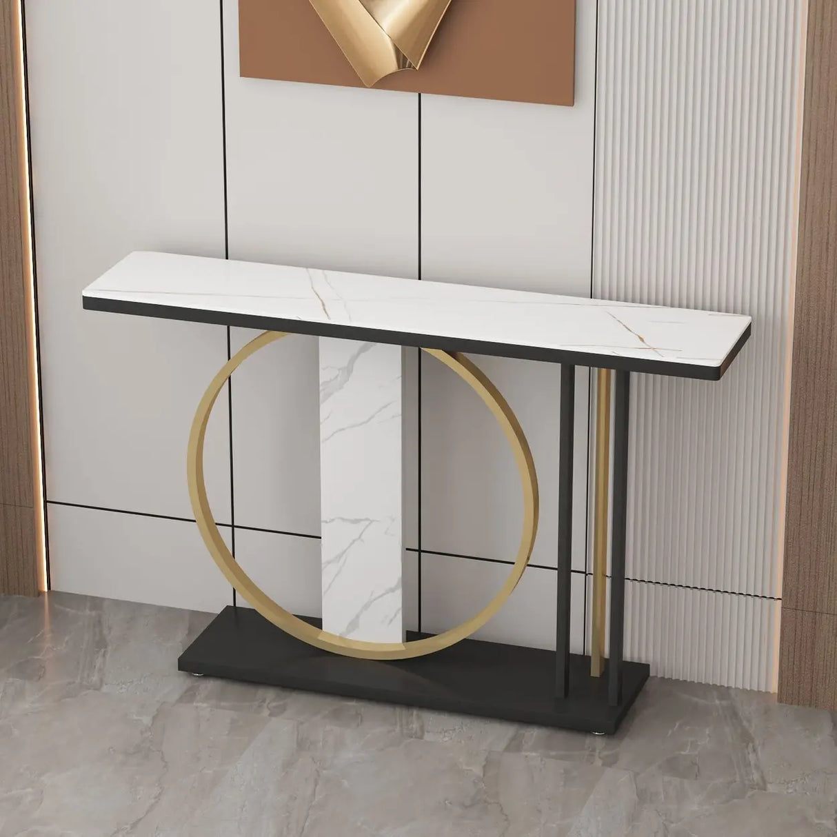 Stain Resistant Marble Geometric Gold Accents Console Table Image - 4