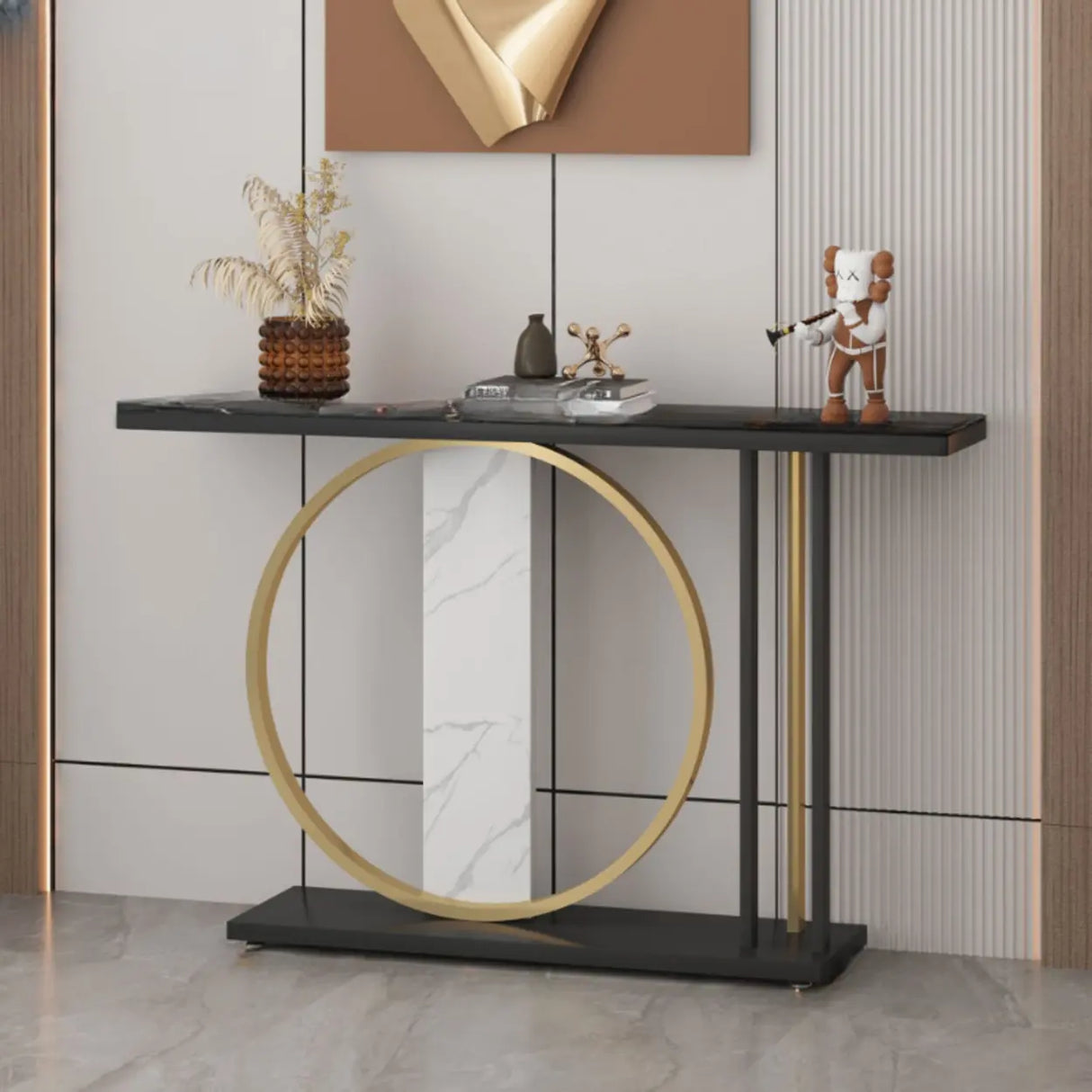 Stain Resistant Marble Geometric Gold Accents Console Table Image - 5