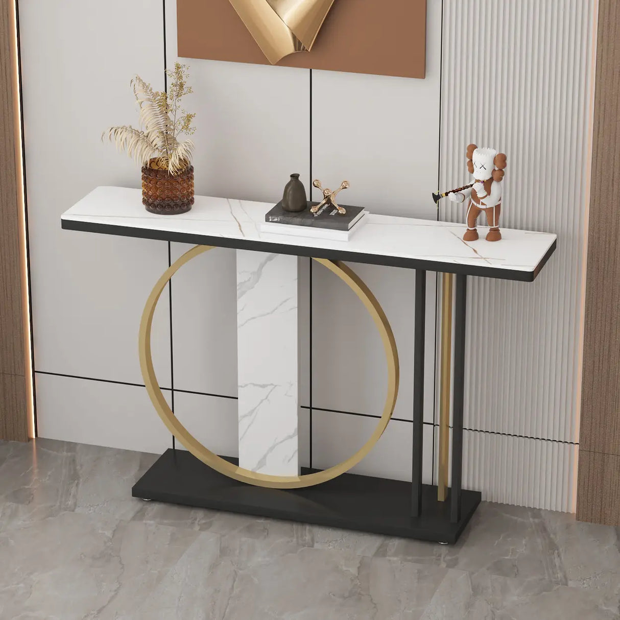 Stain Resistant Marble Geometric Gold Accents Console Table Image - 6
