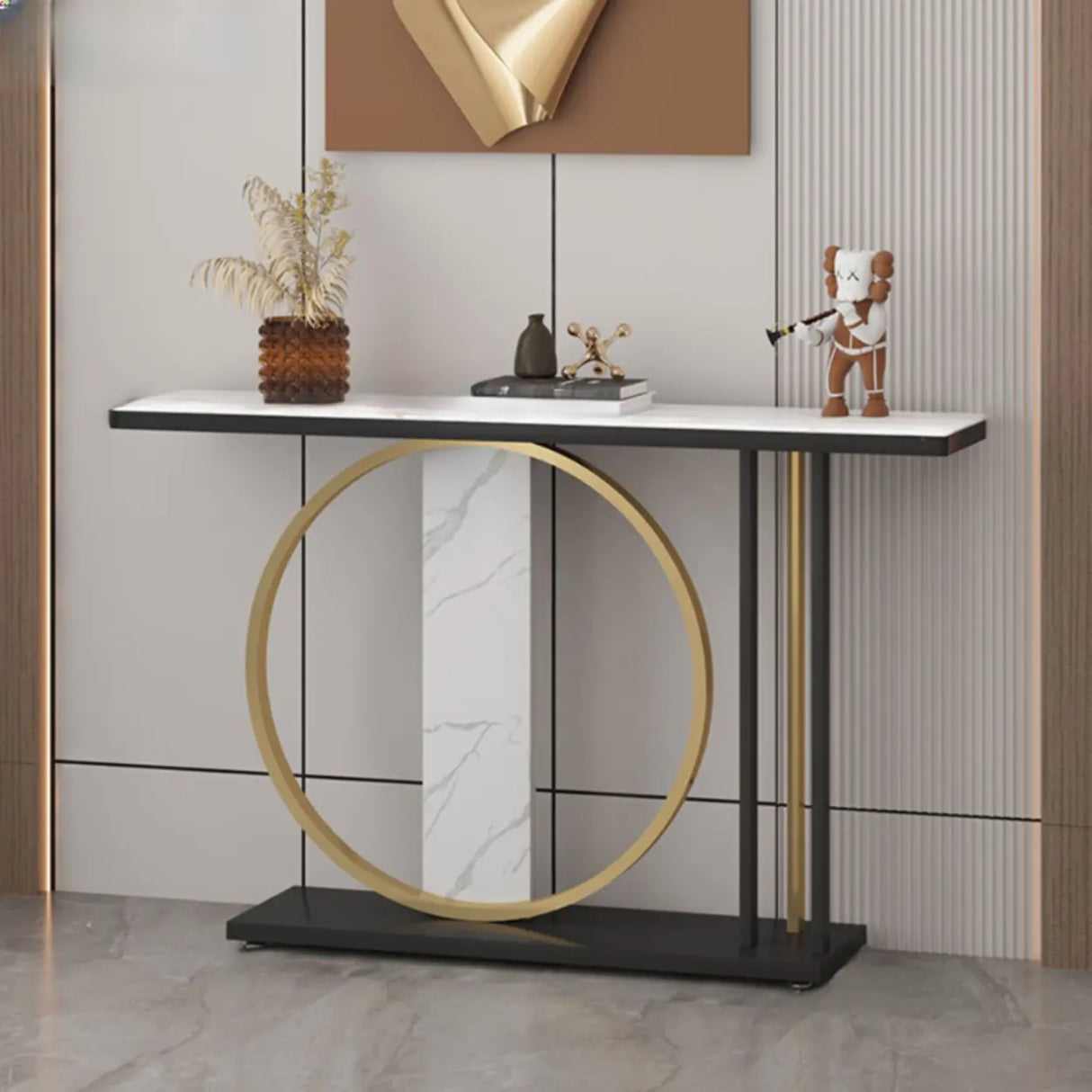Stain Resistant Marble Geometric Gold Accents Console Table Image - 7