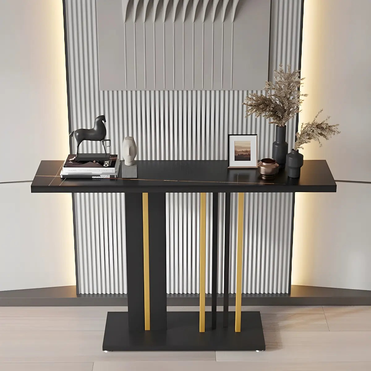 Stain Resistant Rectangle Metal Marble Black Console Table Image - 3