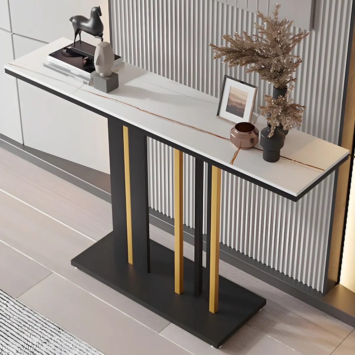 Stain Resistant Rectangle Metal Marble Black Console Table Image - 4