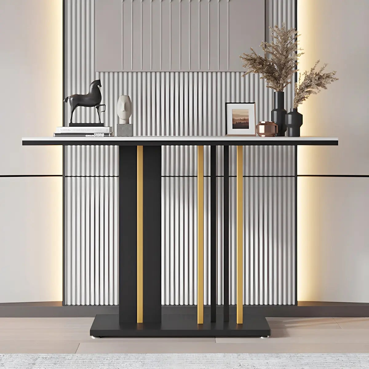 Stain Resistant Rectangle Metal Marble Black Console Table Image - 7
