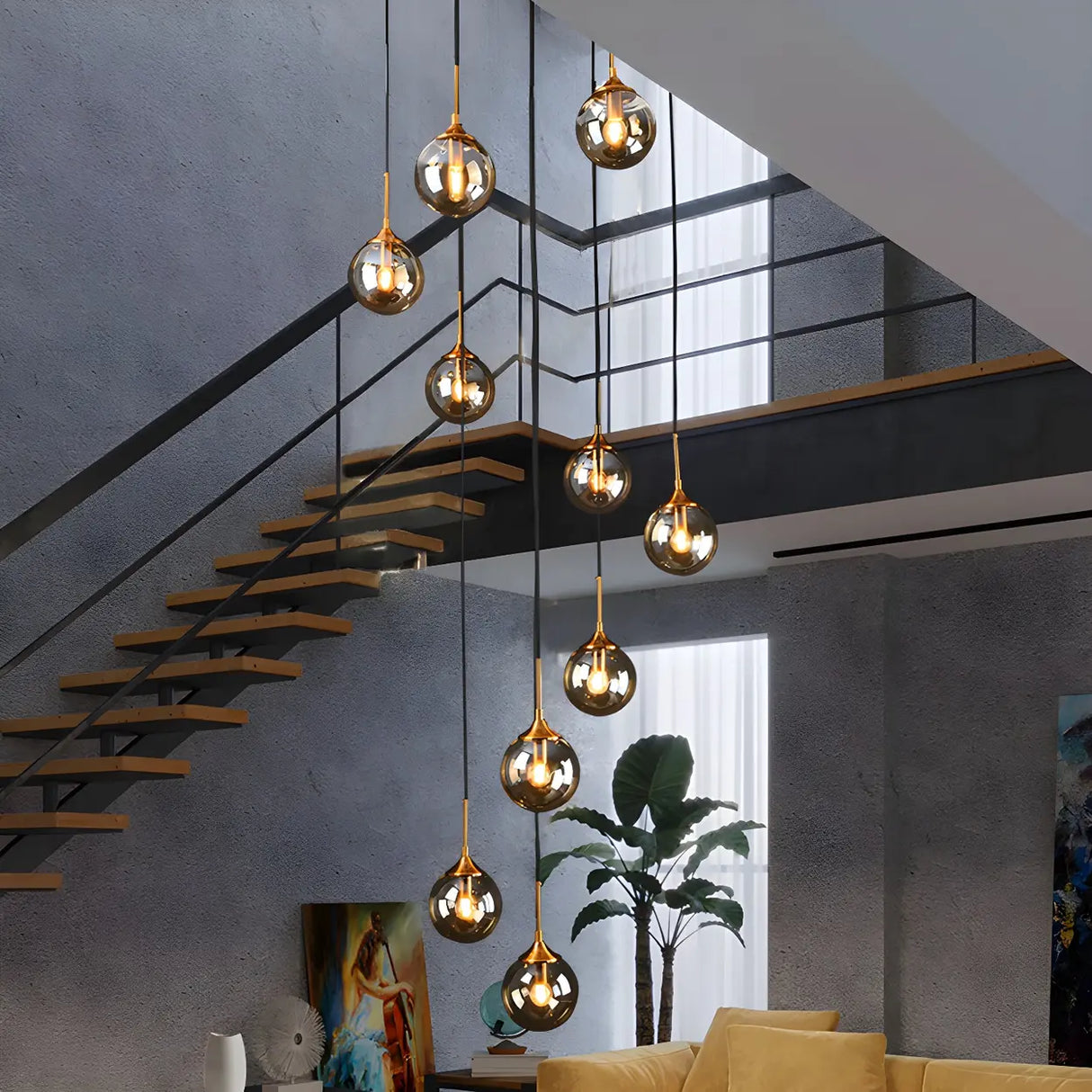 Stairwell Large Glass Globe Pendant Light Multi-Light Image - 12