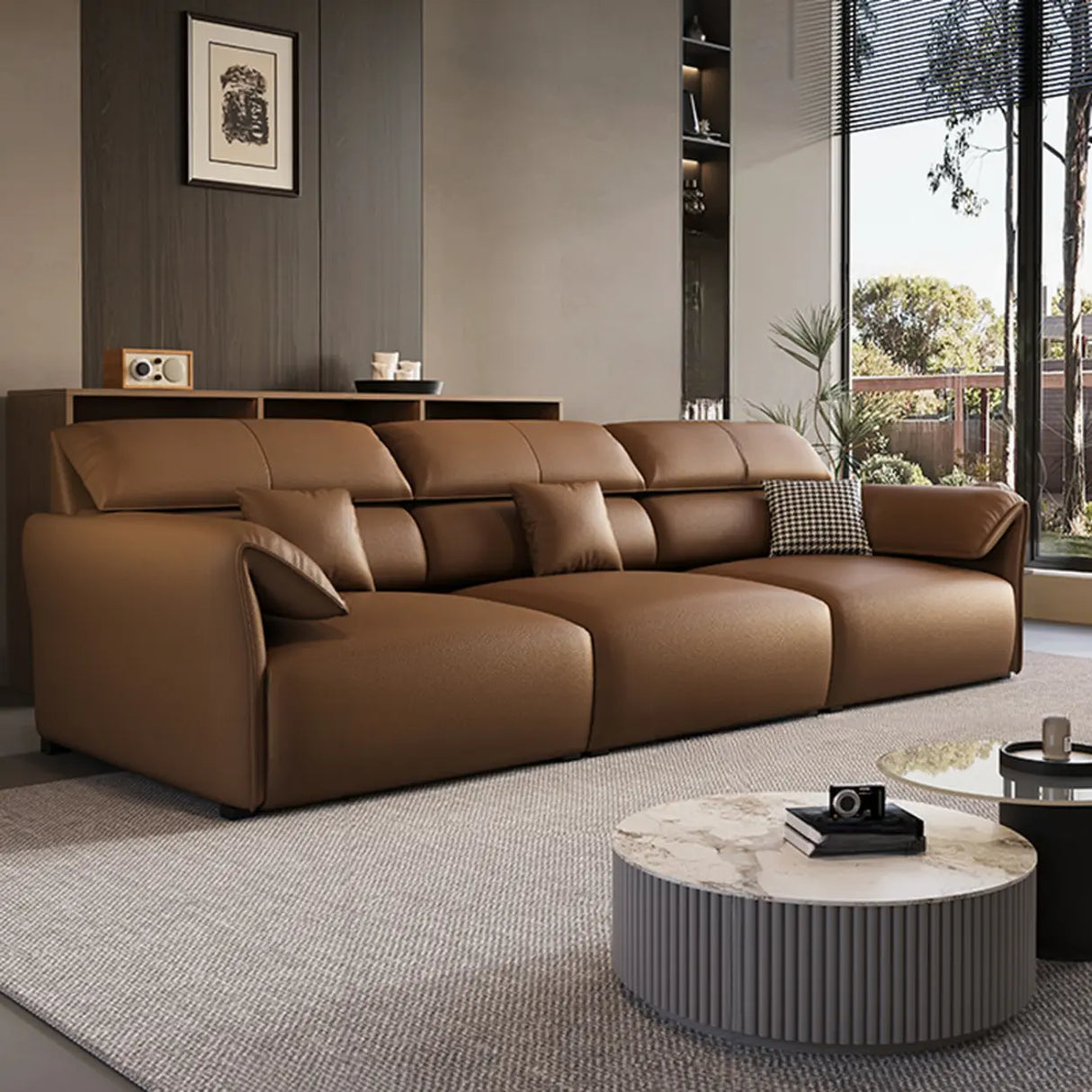 Standard Leather Pillow Back Brown 3-Seater Sofa Bed Image - 3