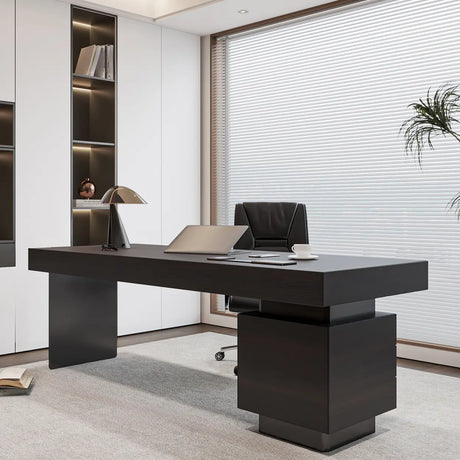 Standard Walnut Wooden Computer Desk with Drawers Image - 2