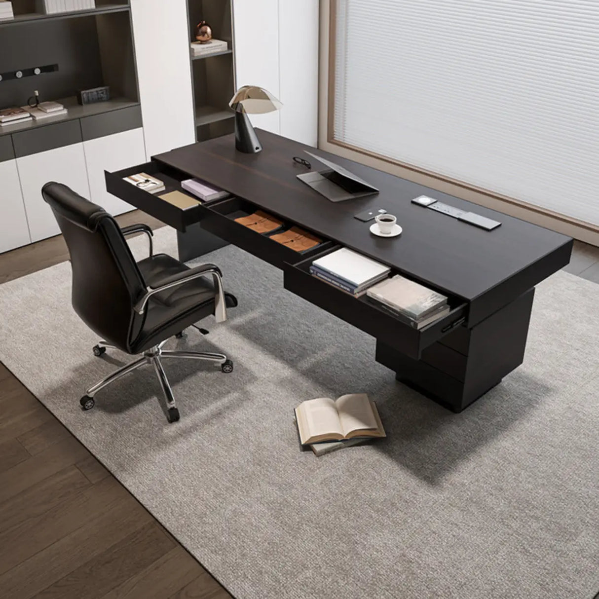 Standard Walnut Wooden Computer Desk with Drawers Image - 3