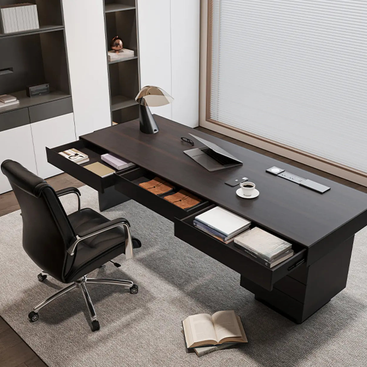 Standard Walnut Wooden Computer Desk with Drawers Image - 7