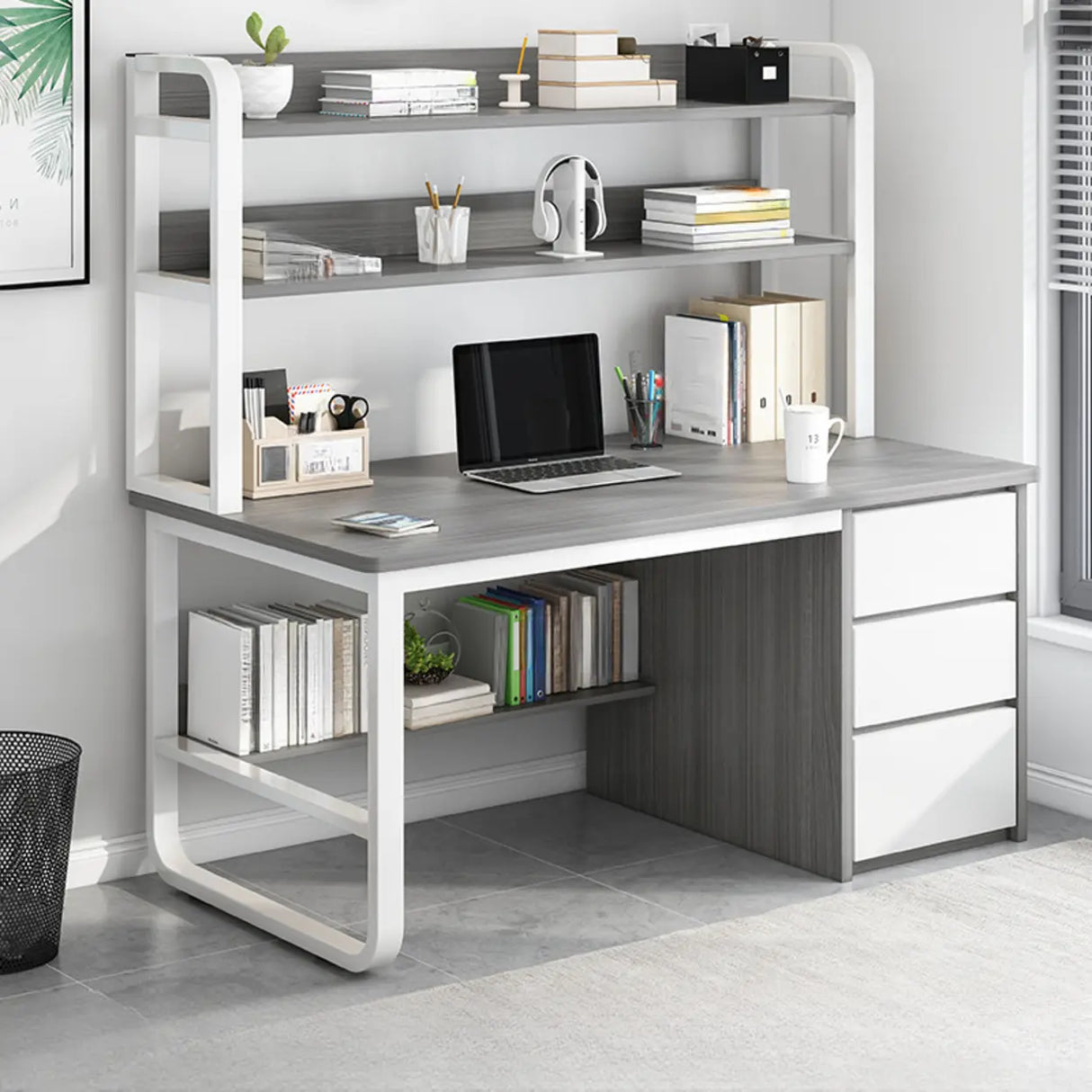 Standard Wooden Computer Desk with Drawers and Shelves Image - 10