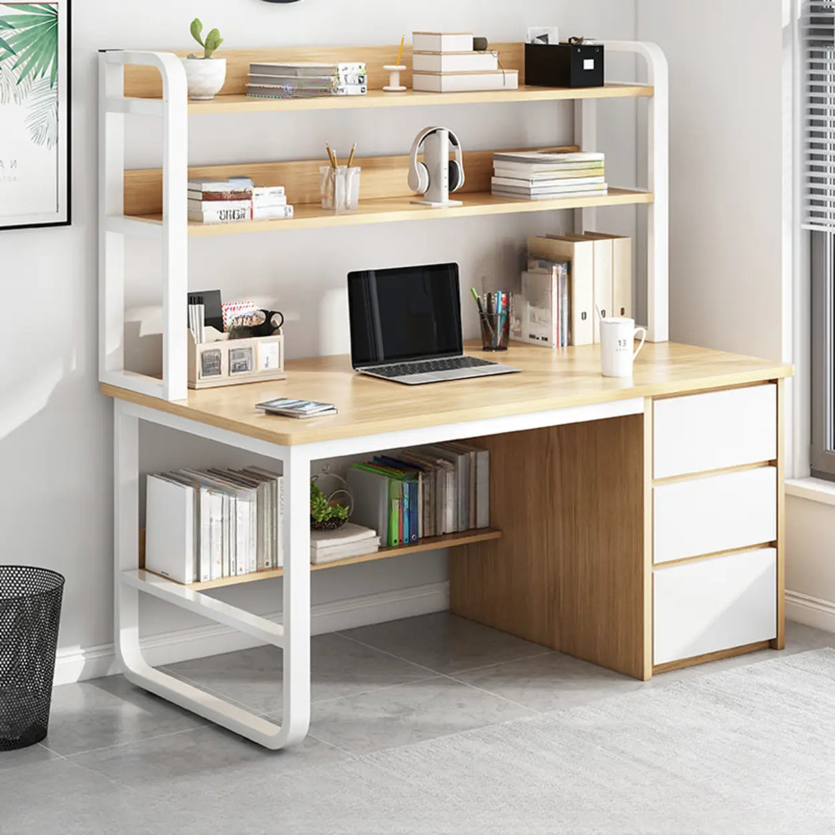 Standard Wooden Computer Desk with Drawers and Shelves Image - 11
