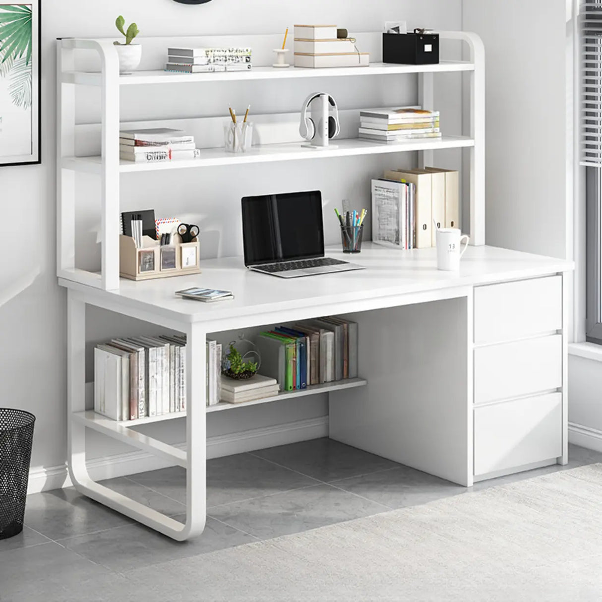 Standard Wooden Computer Desk with Drawers and Shelves Image - 12