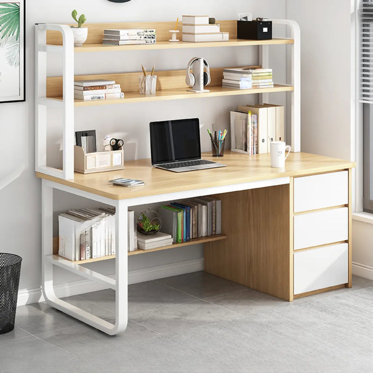 Standard Wooden Computer Desk with Drawers and Shelves Image - 13
